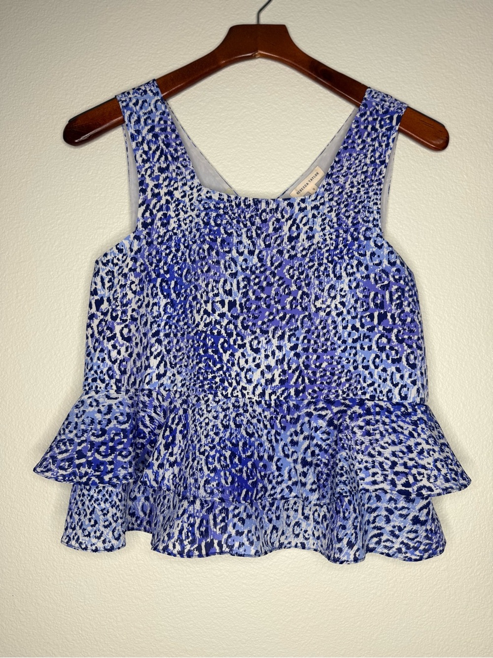 Rebecca Taylor Blue Leopard Print Peplum Tank 100% Silk
